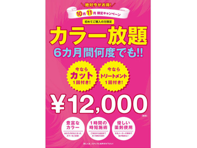 10、11月限定染め放題６ヵ月＋カット＋トリートメント